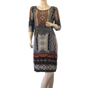 Mlle Gabrielle Women’s Midi Bohemian Tribal Brown Gray & Black Dress Size M
